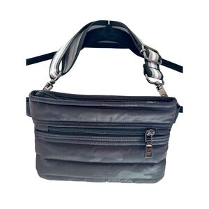 Think Royln Life On The Fly BlackCamo Quilted Puffer Crossbody Bag Striped Strap